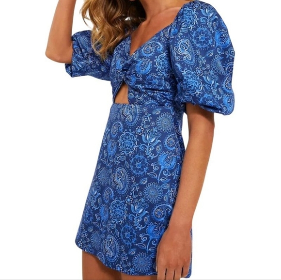 Hyacinth House Blue Paisley Puff Sleeve Mini Dress - Picture 2 of 5